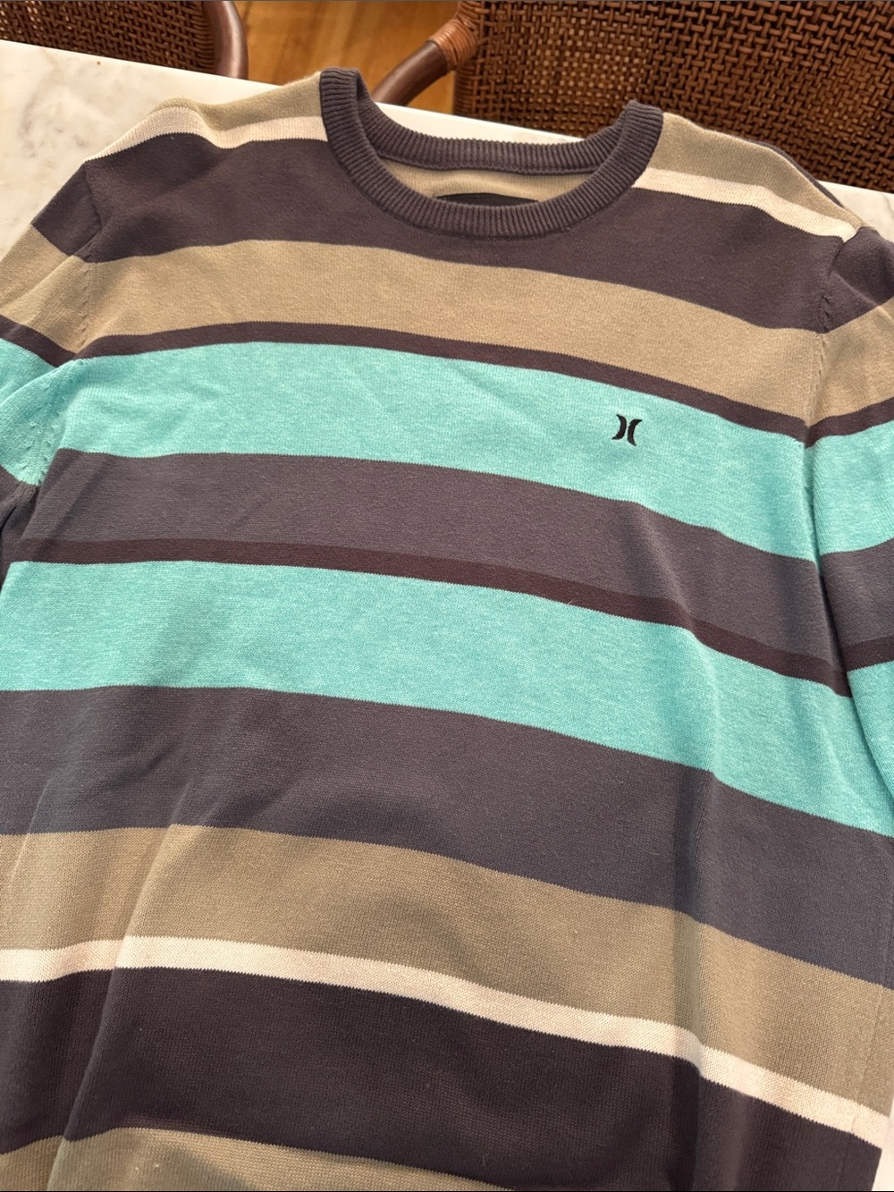 Hurley Striped Crewneck in Aqua, Taupe & Charcoal